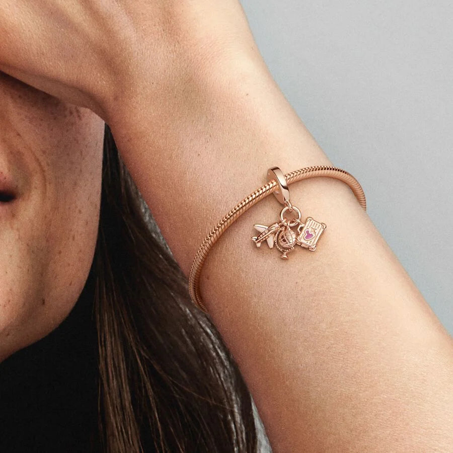 Airplane, Globe and Suitcase Dangle Rose Charm