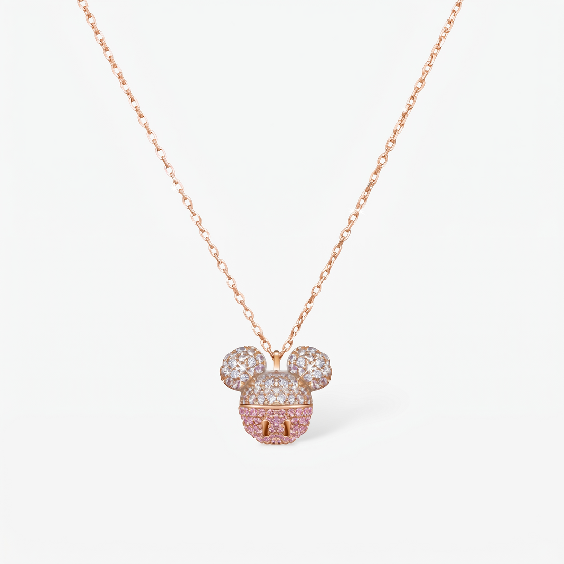 Paris Mickey Mouse kolye ucu yakın çekim: beyaz ve pembe zirkon taşlı figür, 14 ayar rose gold kaplama 925 ayar gümüş zincir