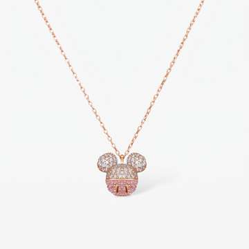 Paris Mickey Mouse kolye ucu yakın çekim: beyaz ve pembe zirkon taşlı figür, 14 ayar rose gold kaplama 925 ayar gümüş zincir