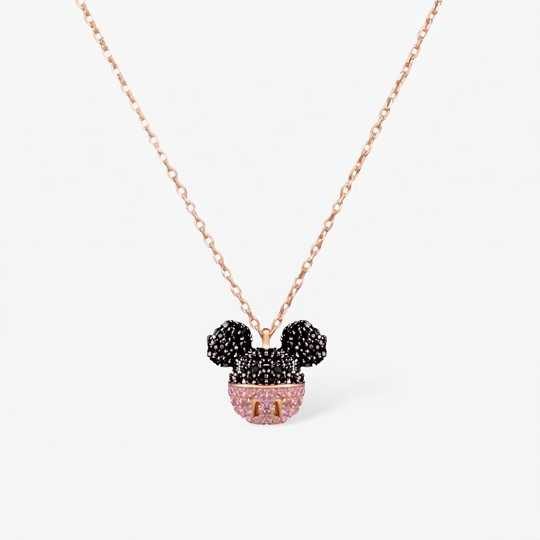 Helsinki Mickey Mouse kolye ucu yakın çekim: siyah zirkon taşlı üst gövde ve pembe alt gövde, 14 ayar rose gold kaplama 925 ayar gümüş zincir